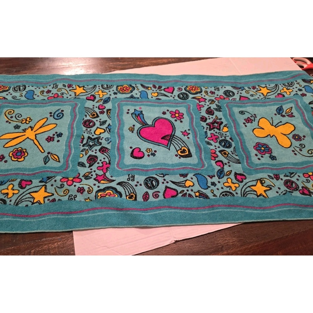 Vintage Y2K Groovy Teal Beach Towel 58" Peace Signs Hearts Butterflies Retro
